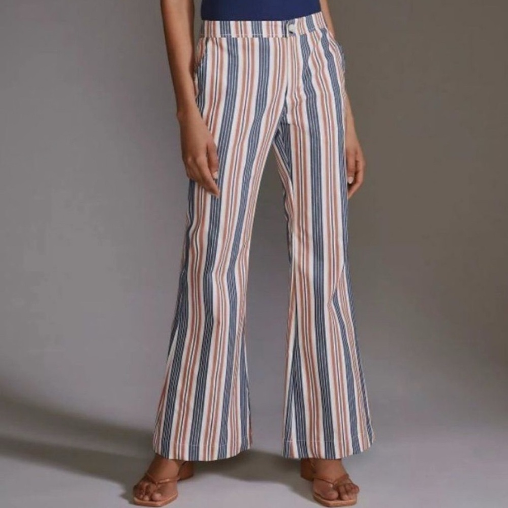 Anthropologie Vertical Stripe Boot-Cut Pants in Navy, Cream & Coral